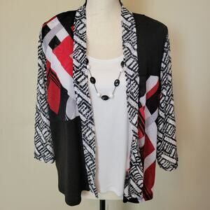 Alfred Dunner Sz PM 2 Pc Tank & Open Cardigan Detachable Necklace Blk White Red